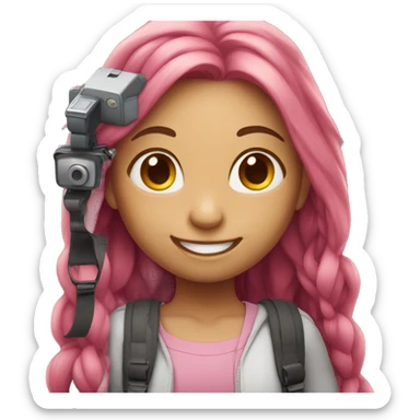 smiling girl with long multicolored pink hair holding a camera sticker