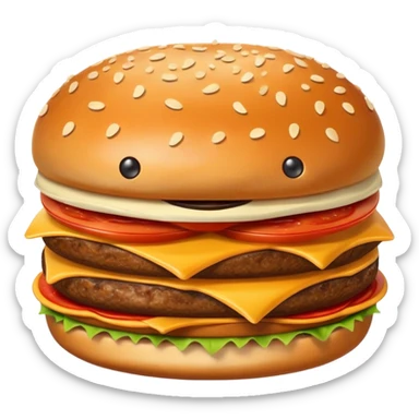 A happy smiling burger next to a pizza slice and french fries sticker