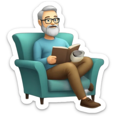 Bearded 50 years old man, glasses, perspective armchair, Reading at home, drinking a coffee, relax sticker