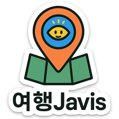 minimalist logo for '여행Javis' with a map pin containing a glowing digital eye or subtle AI face inside, clean and iconic, not overly detailed sticker