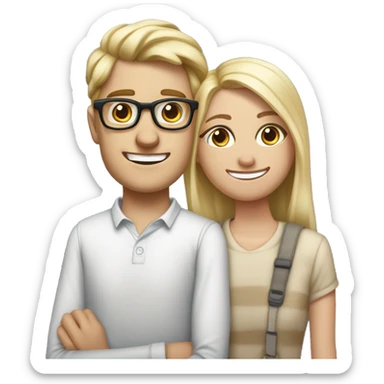 Create an iPhone-style emoji of a nerdy, skinny, white blond guy in his mid-20s with glasses and braces, standing behind his shorter adopted sister, hands on her shoulders, smiling menacingly at her. sticker