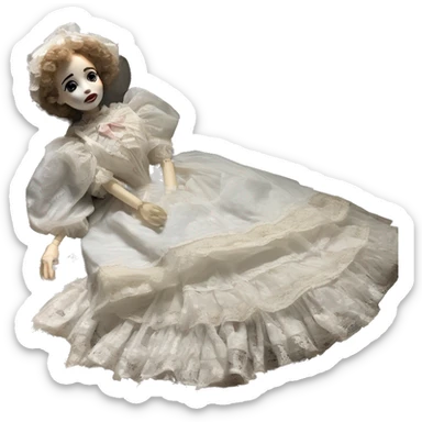broken broken, porcelain doll, lying on the ground with cracked in the Lacey puff sleeve Victorian, vintage gown, white Mary Janes, with bows in her hair ￼ ￼￼ sticker