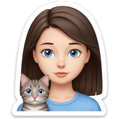 brunette girl with a gray cat with light blue eyes sticker