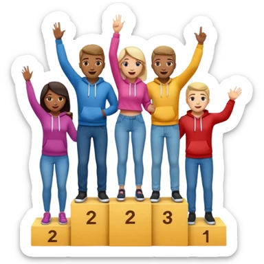 multi-racial men and women standing on a winners’ podium with the middle podium position elevated, no numbers on podium, casually dressed in fun colorful jeans t-shirts and hoodies, excited fun expressive emoji style sticker