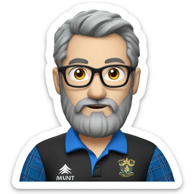 scottish dart player in Black polo with blue plaid sleeves. Dark and Grey hair, Beard around mouth and glasses sticker