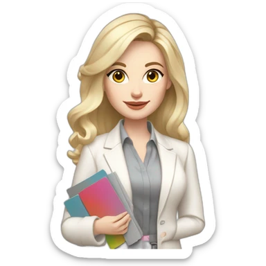 pale skin woman interior designer with cold blonde middle length hair, gray eyes, White classical jacket, blouse, Gray skirt holding a color palette in the hands sticker