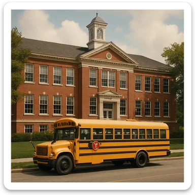 classic style school building with a yellow bus in front sticker