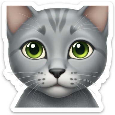 All grey cat with tan diamond on her forehead. Green eyes sticker