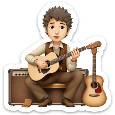 Icon for Folk Music: Bob Dylan with his harmonica and acoustic guitar, performing with his band on stage. The atmosphere should be intimate and nostalgic, capturing the soul of folk music with simple instruments and natural vibes. Transparent background. sticker