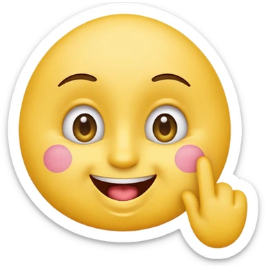 cute, playful emoji character inspired by the 🙃 upside-down face style. Rounded yellow face, big expressive eyes, cheerful smile with mouth slightly open. One hand raised with a finger gently touching the inside of the mouth in a thinking / cheeky gesture (not sexual). sticker