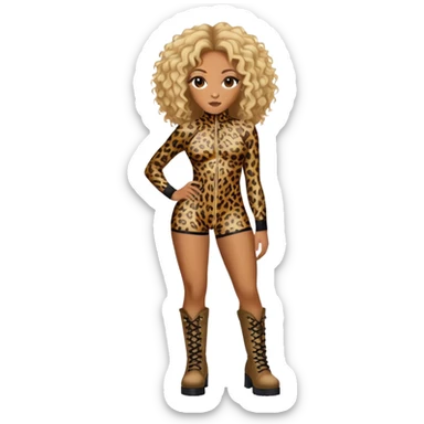 Melanie Brown with brown curls and blonde highlights wearing a tight leopard print two piece bodysuit and combat boots sticker