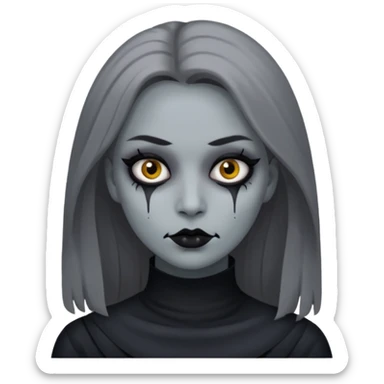 woman with gray skin and white eyes and a creepy face sticker
