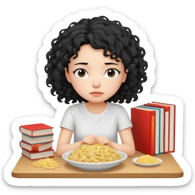 generate a pretty bratz fair skinned girl with curly black hair wearing a white tshirt sitting on a table with noodles and books. looking sleepy and tired sticker