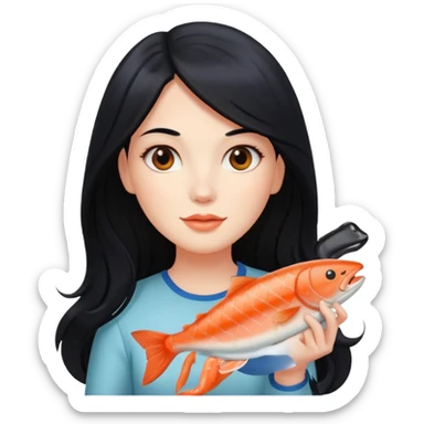 White lady with long black hair and a round face holding a salmon  sticker