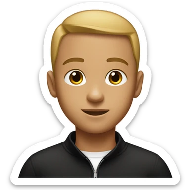 boy with light tanned skin, buzz cut, no facial hair, wearing a smart black quarter zip jumper with white t shirt underneath. sticker