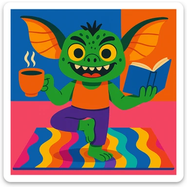 Add a colorful yoga mat under the gremlin, maintaining the whimsical style with vibrant colors and playful details. sticker