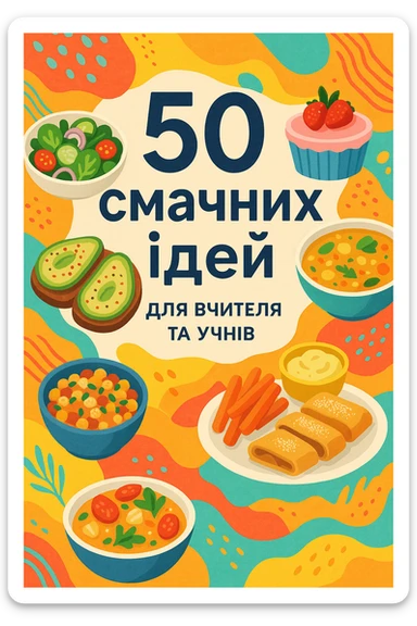 Cover of a guidebook with Ukrainian text: '50 смачних ідей для вчителя та учнів'. Modern style, focus on diverse dishes, colorful background, friendly atmosphere, large letters. sticker