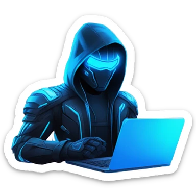 Hacker behind his laptop with this style : crysis Cyberpunk Valorant neon glowing bright blue character blue black hooded assassin themed character sticker