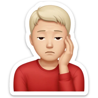 A worried white Korean man in a red shirt, resting his head on one hand sticker