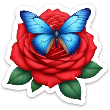 Realistic, detailed curled soft petals  red rose, blue butterfly sticker