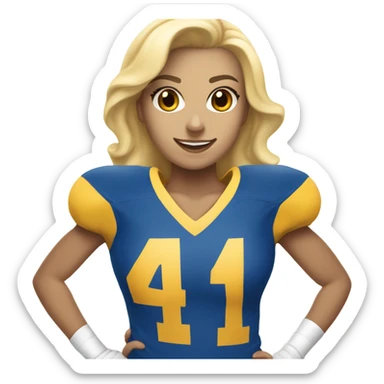 Blonde Cheerleader in Blue and gold uniform with a football player in blue and gold with the number 41 sticker