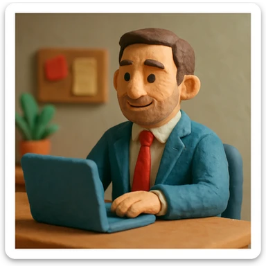 A 35-year-old male business coach sitting at a desk with a laptop sticker