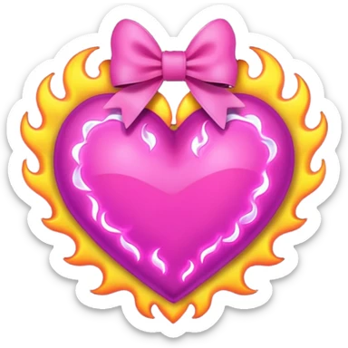 neon heart with a pink bow with heart pattern on the bow, with flames sticker