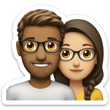 A brunette guy with brown eyes hugs a brunette with glasses sticker