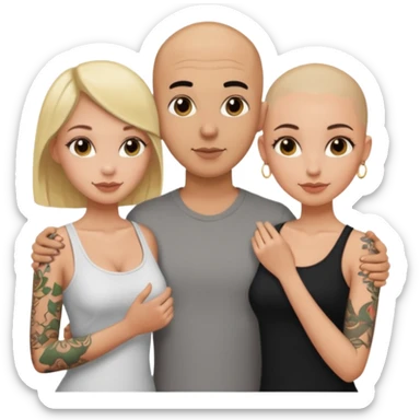 throuple tatted bald boyfriend with blonde girl friend and brunette girlfriend sticker