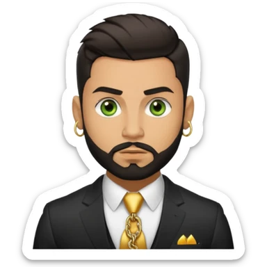 green eyes, dark short hair, muscular shoulders, gold chain, big lips big nose big eyes, masculine good looking, dark beard wearing a suit buttons of the shirt open and olive skin tone  sticker