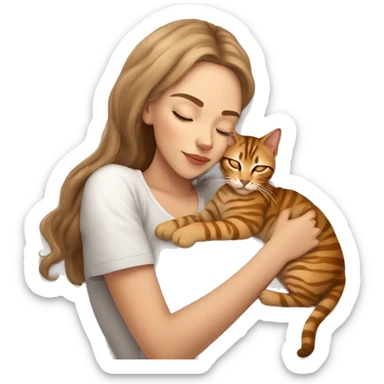 extremely light skin girl with light brown hair sleeping with cute bengal cat sticker