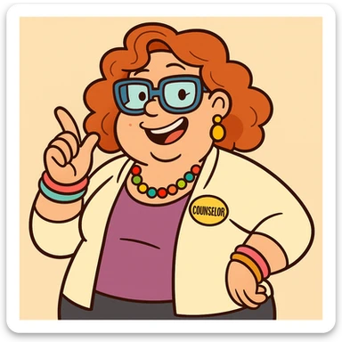 fun high school female counselor, curly red shoulder-length hair, blue glasses, overweight, playful grin, relaxed pose, colorful accessories sticker