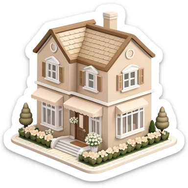 Isometric exterior little cozy beige and white wedding boutique dollhouse style 3D realistic  sticker