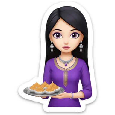 a pretty bratz girl with straight black hair, wearing a purple kurti, silver jhumkas, eyeliner, carrying a plate of momos sticker