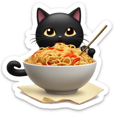 Fluffy black cat eating spicy buldak noodles  sticker