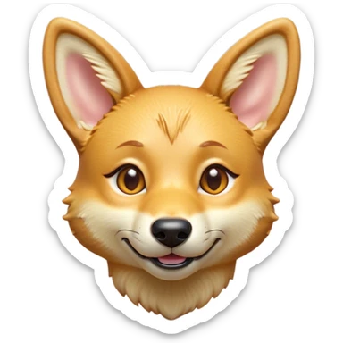 Cinematic Cute Dingo Portrait Emoji, Head tilted playfully and inquisitively, featuring a glossy sandy fur with naturally perky ears and round, sparkling amber eyes filled with curious mischief, Simplified yet irresistibly adorable features, highly detailed, glowing with a warm, friendly glow, high shine, affectionate and spirited, stylized with a touch of outback whimsy, bright and endearing, soft glowing outline, capturing the essence of a mischievous yet loving dingo, so playful it feels like it could bound out of the screen into your arms! sticker