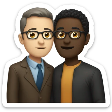 Two men kissing, one white skin with black hair, one brown with glasses sticker