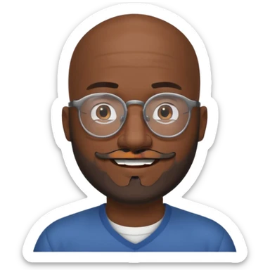African american male, bald, full gray beard, black mustache. Round face, glasses sticker