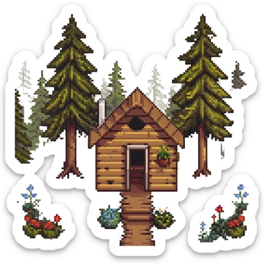 wooden cabin in forest clearing with small garden sticker