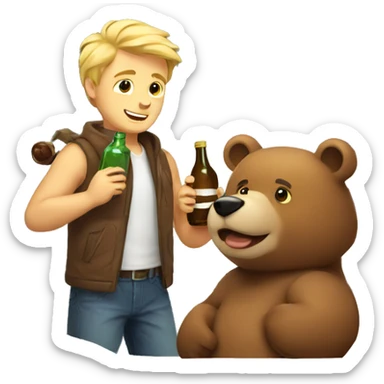 jj blonde adult man with a brown bear cub and a bottle  sticker