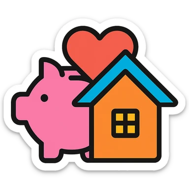 unified icon showing piggy bank, heart, and house merged together, representing future savings, wants, and needs, clean colorful outline style sticker