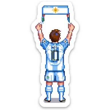 pixel art Lionel Messi in Argentina jersey, arms raised sticker
