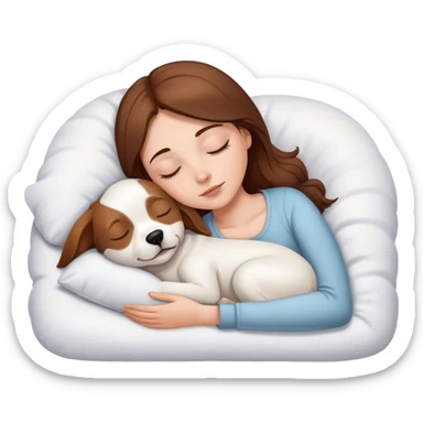 White girl brown hair sleeping with white dog with brown ears sticker