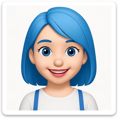 emoji of a girl with blue hair to shoulders, blue eyes, pink lips, wearing a white shirt, happy expression sticker