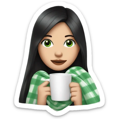 A pretty white woman with long black hair and green eyes wrapped in pastel pink plaid blanket drinking coffee sticker