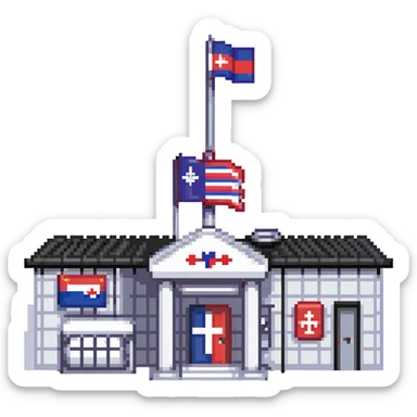 Hospital building with Thai flag on flagpole, medical cross symbol, red white blue striped flag of Thailand sticker