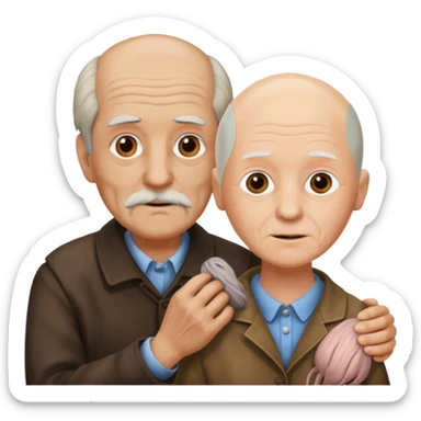 Old man holding bald woman’s wig  sticker