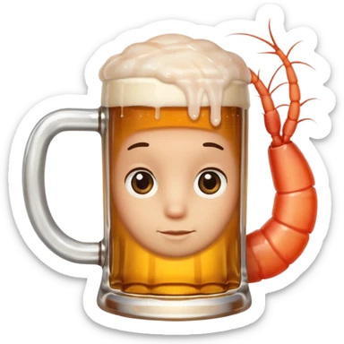 Genérame un camarón con su tarro en mano de cerveza moderna, asomándose por un costado con cara de curiosidad  sticker