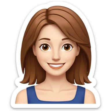 White woman, brown layered hair a bit longer than shoulder length, happily smiling. sticker