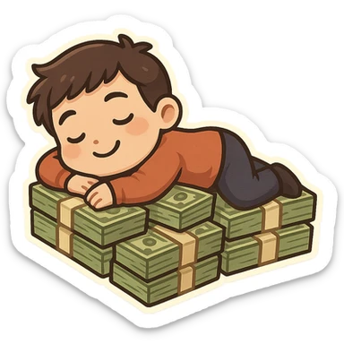 happy person napping on mattress of money sticker